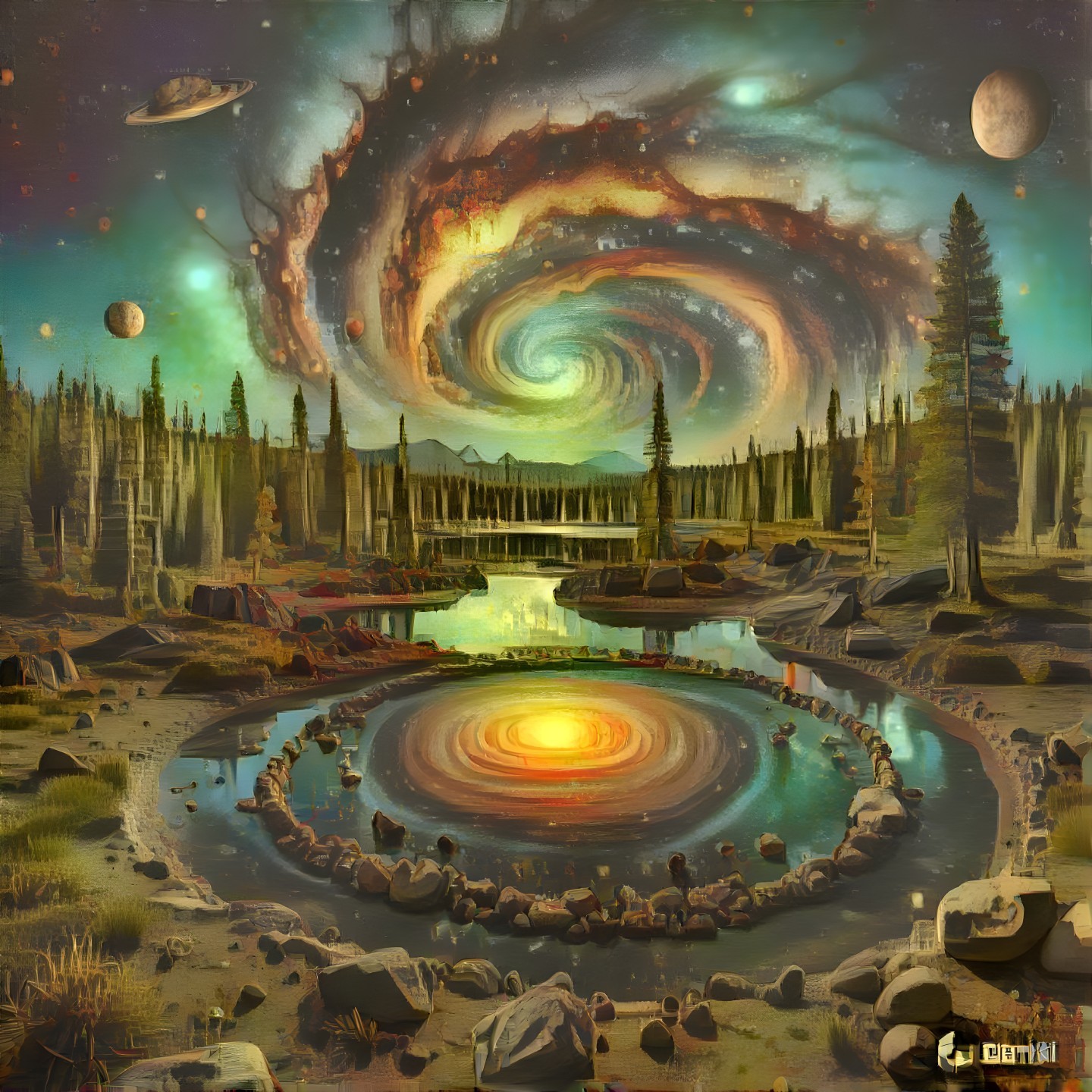 Surreal Cosmic Landscape with Forest and Reflective Water