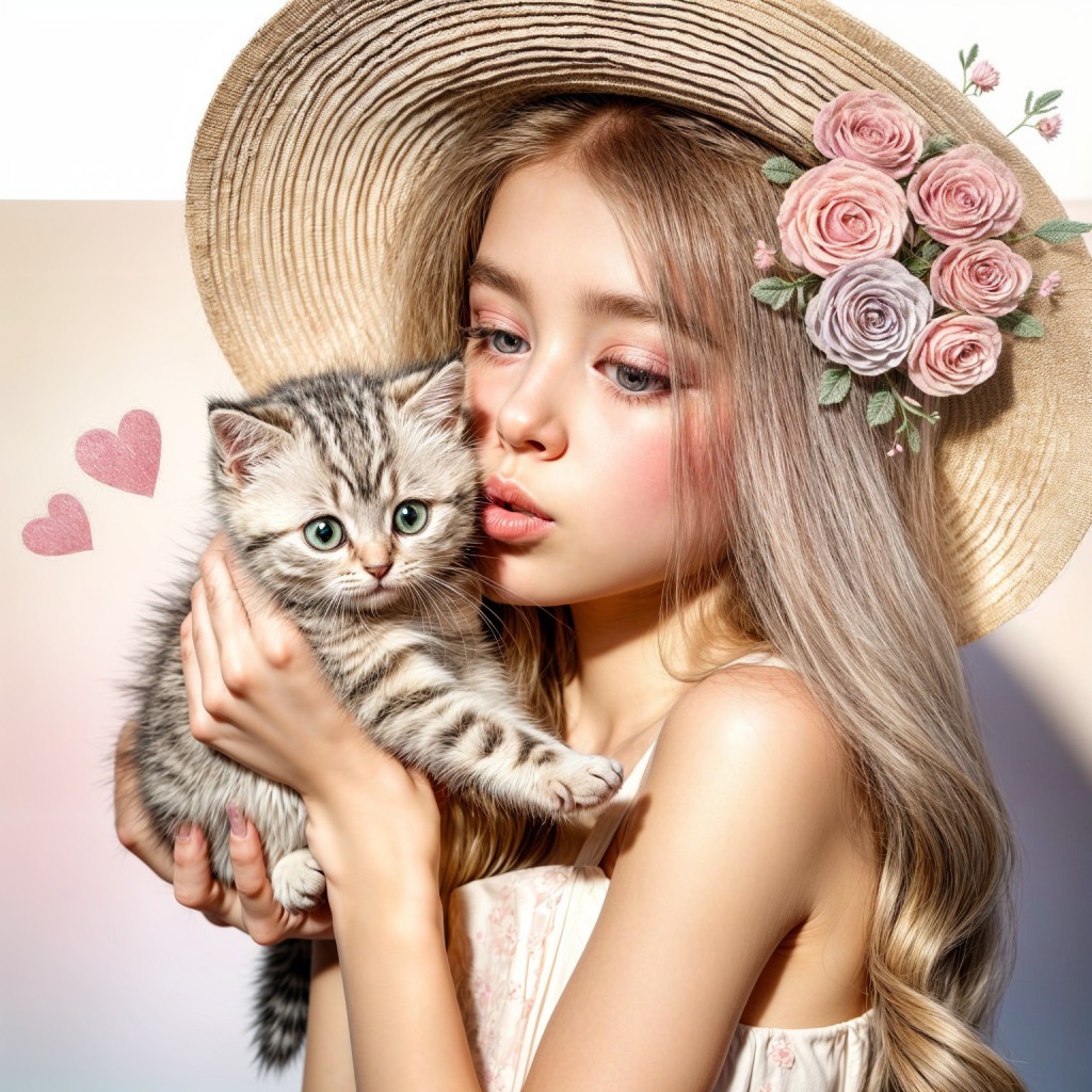 Young girl with kitten in floral straw hat and pastels