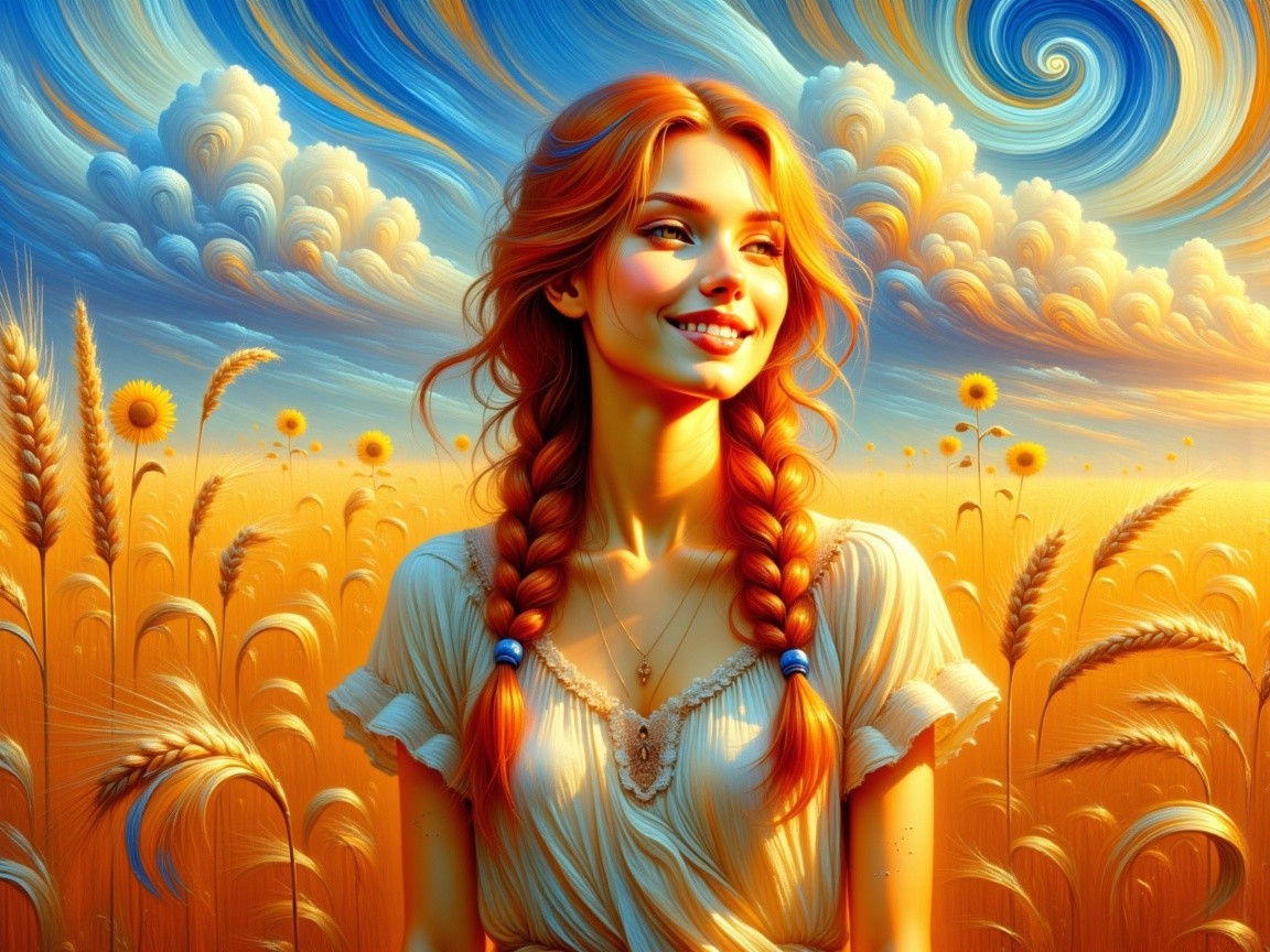 Young Woman in Wheat Field with Sunflowers and Clouds