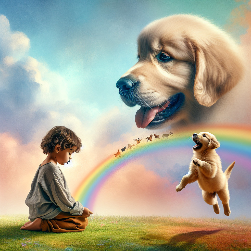 Child and Dogs in a Whimsical Rainbow Scene
