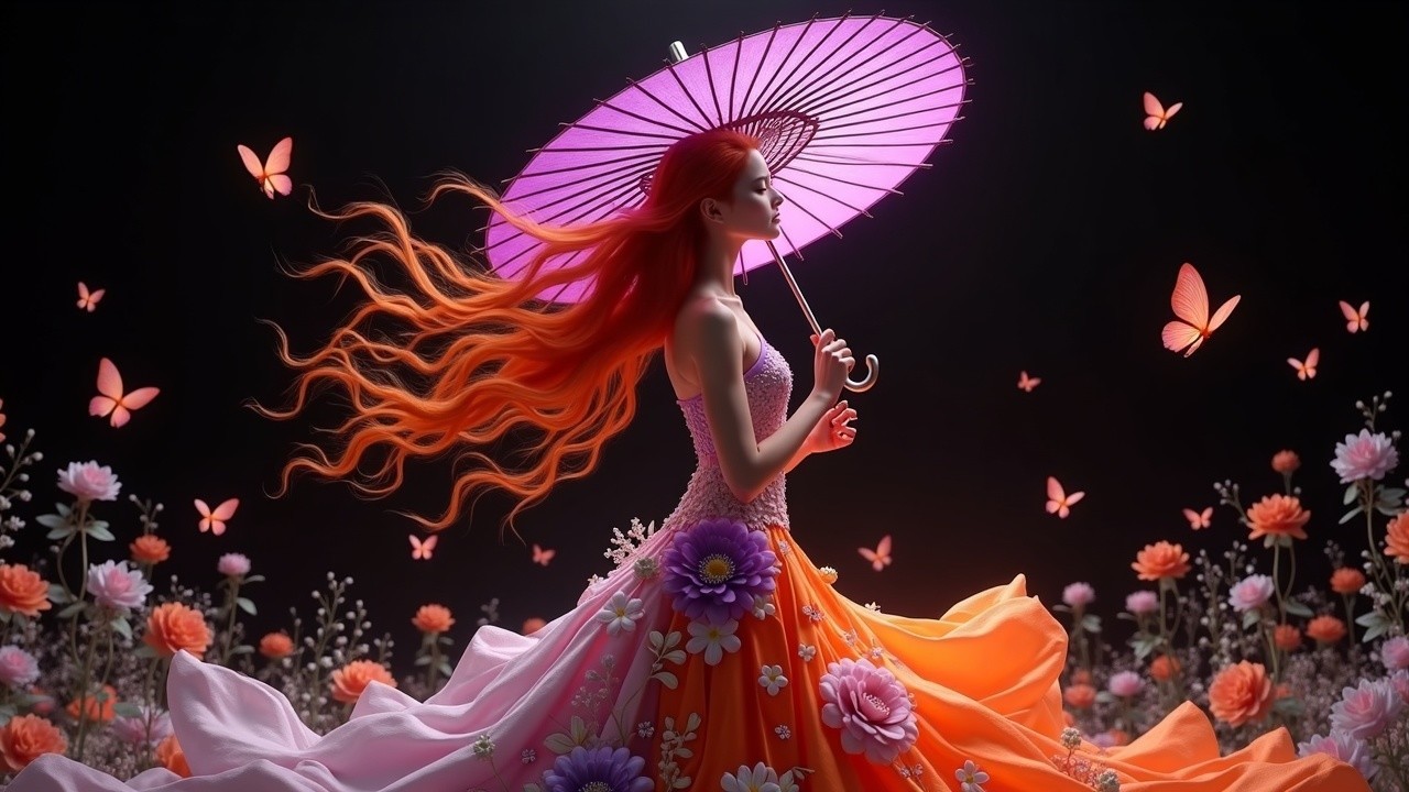 Graceful Figure in Floral Gown with Purple Umbrella