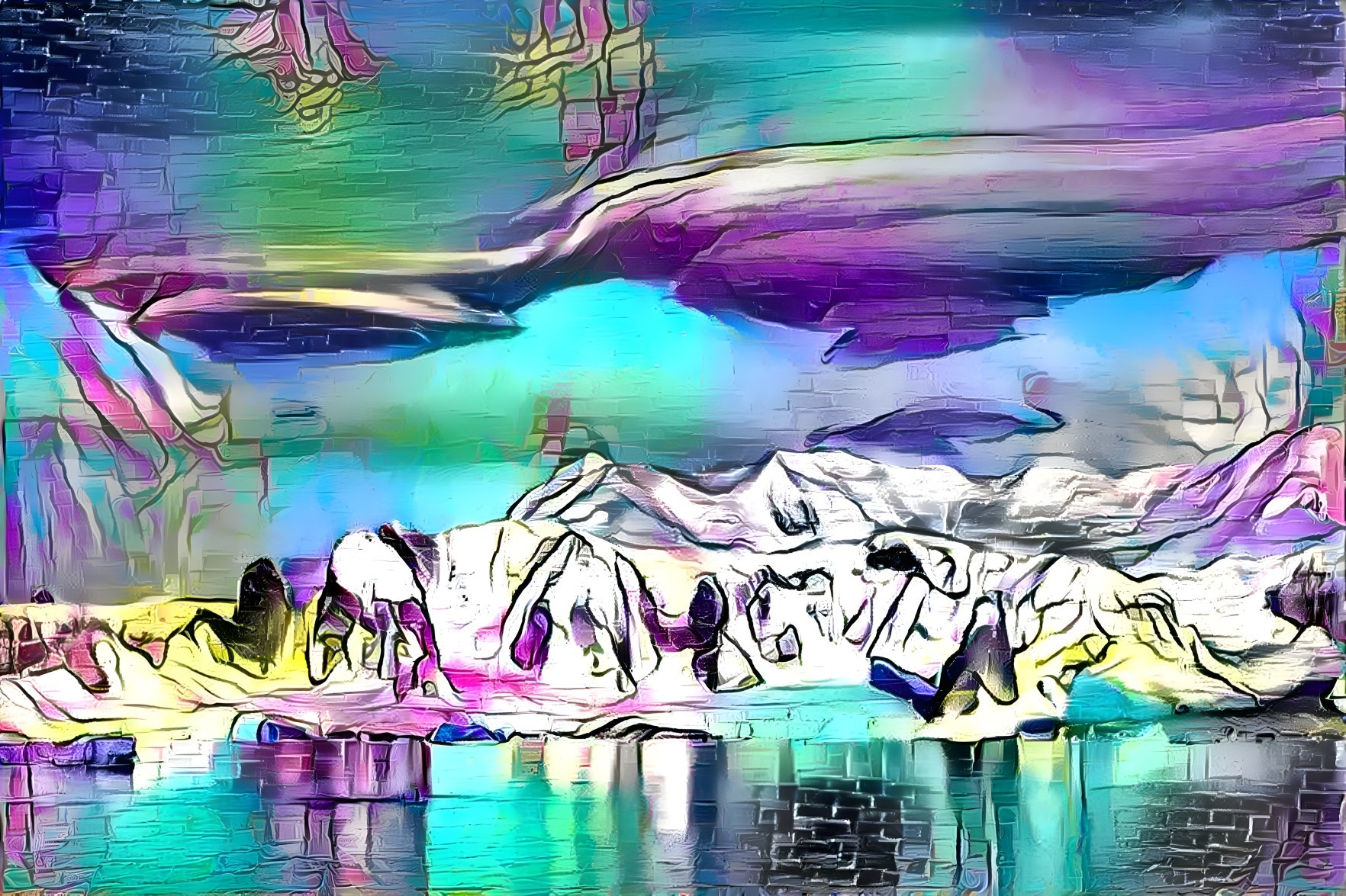 Abstract Landscape of Icy Mountains and Colorful Sky