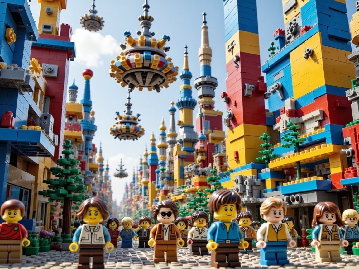 Colorful LEGO cityscape with whimsical towers and figures