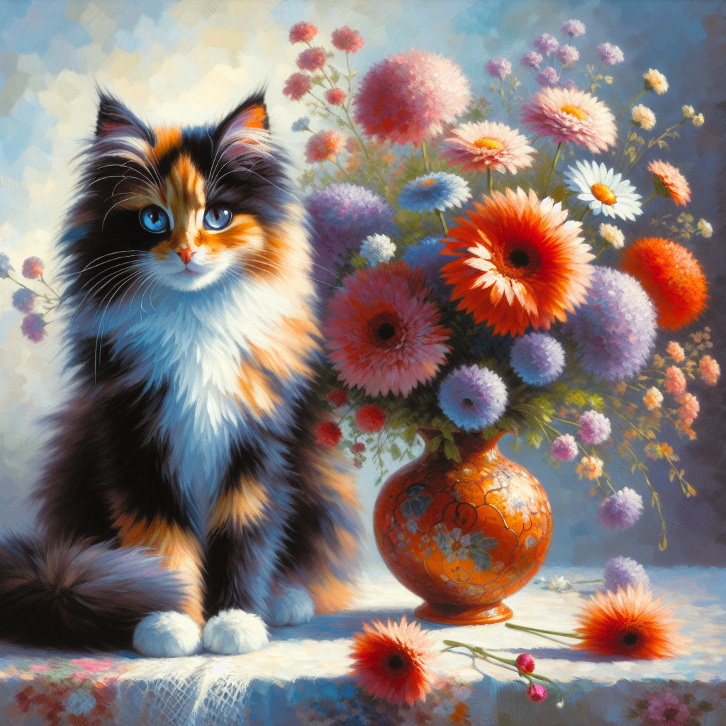Calico Cat with Colorful Flower Bouquet in Vase