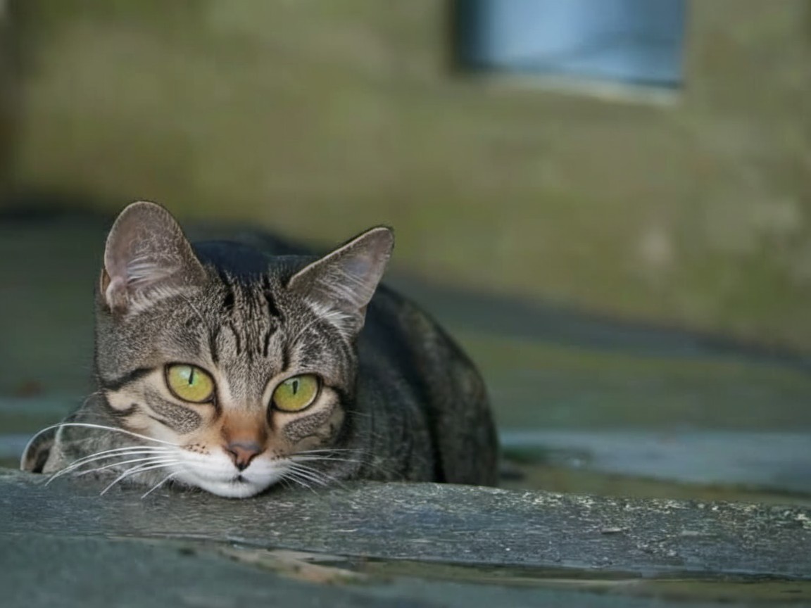 Striped Tabby Cat with Green Eyes on Stone Surface