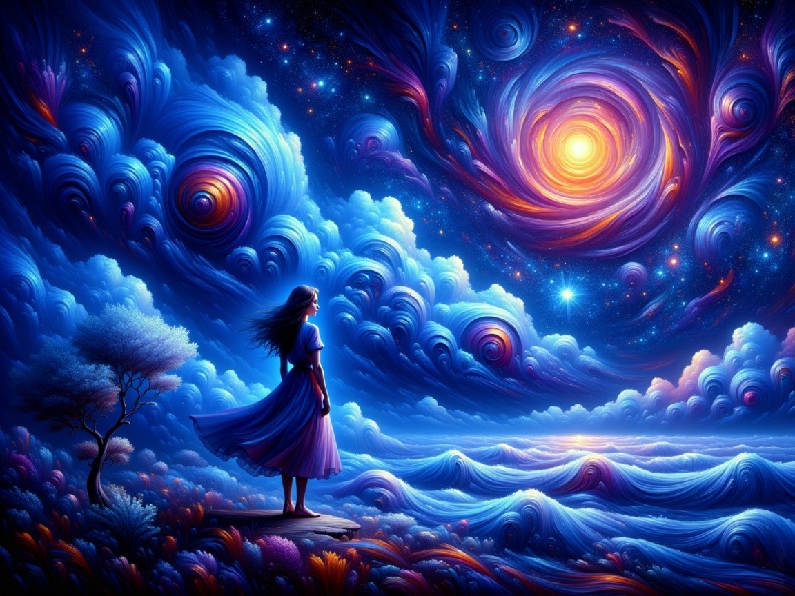Woman in flowing dress on rocky shore under cosmic sky