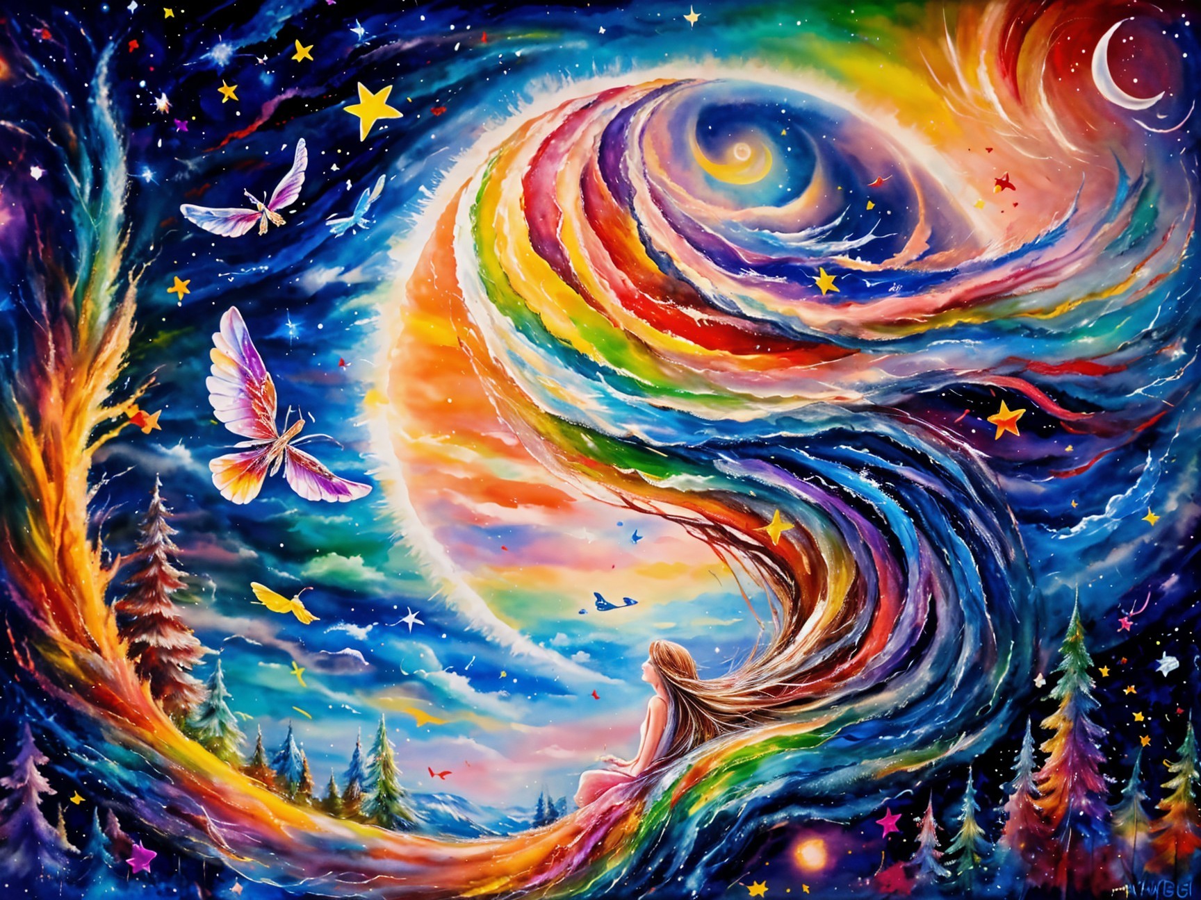Cosmic Landscape with Spiral Galaxy and Butterflies