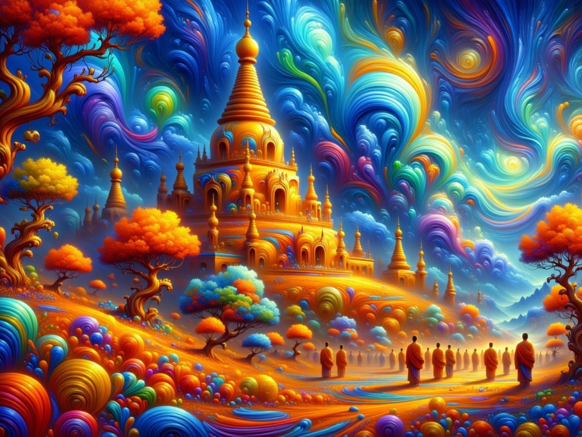Vibrant Landscape with Majestic Temple and Monks