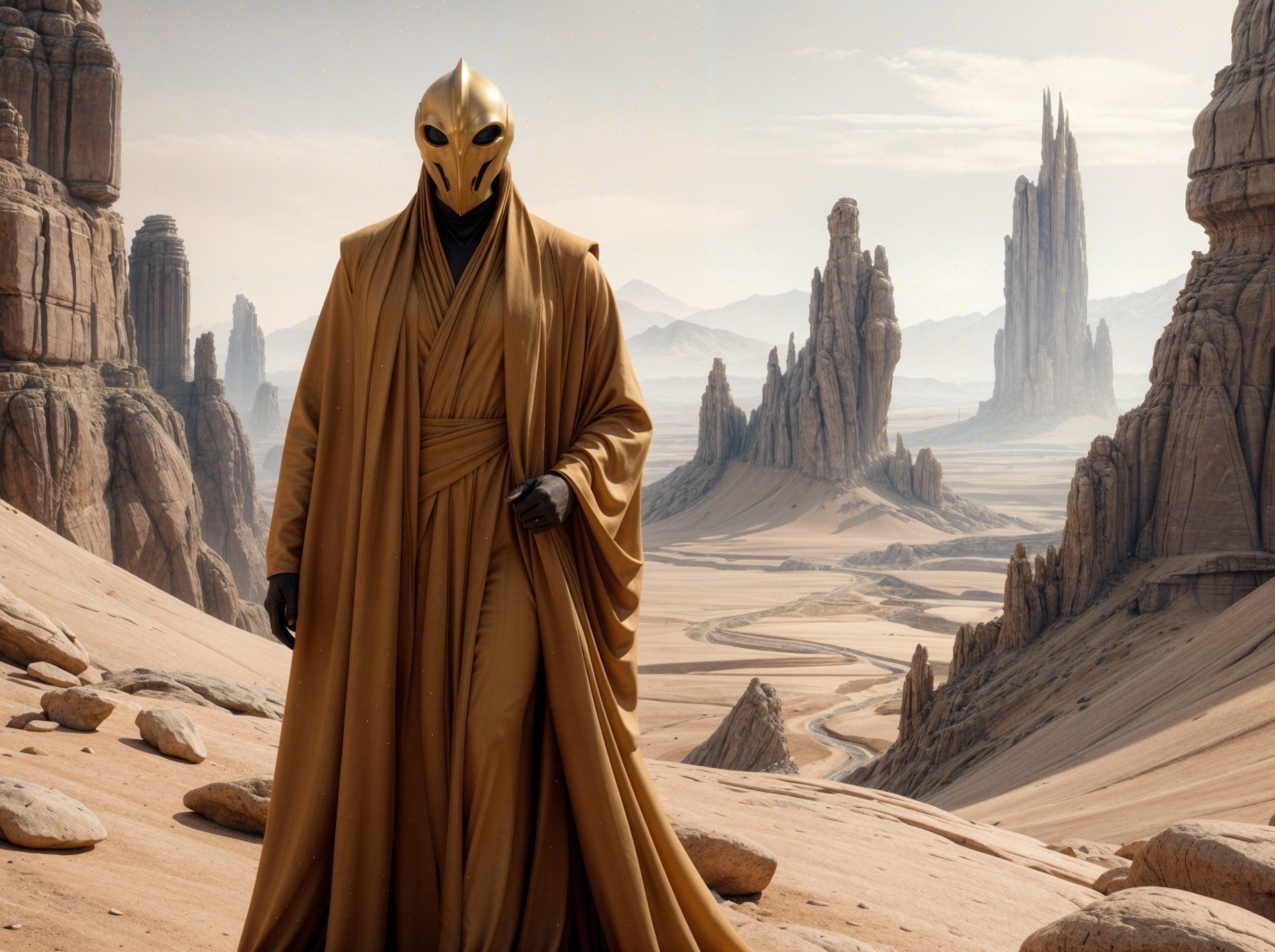 Mysterious Figure in Golden Robe in Desert Landscape
