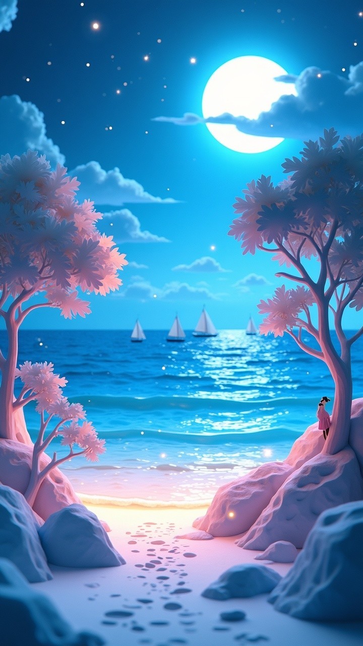 Tranquil Beach Scene Under Full Moon and Starry Sky