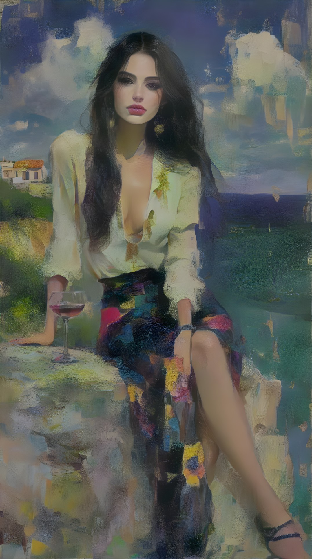 Woman in Colorful Skirt by Serene Coastal Water