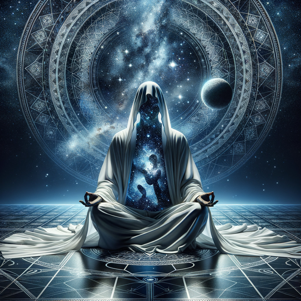 Meditative Figure in Cosmic Landscape with Geometric Patterns