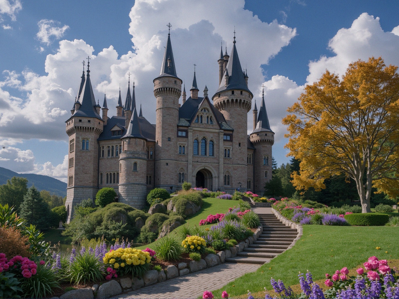 Fairy-tale castle on hillside with vibrant gardens