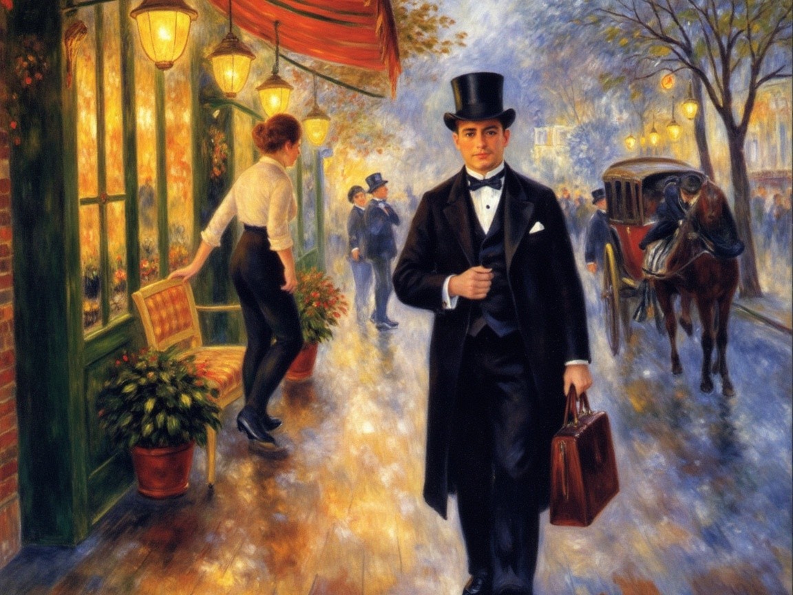 Sophisticated Man in Formal Attire on Cobblestone Street