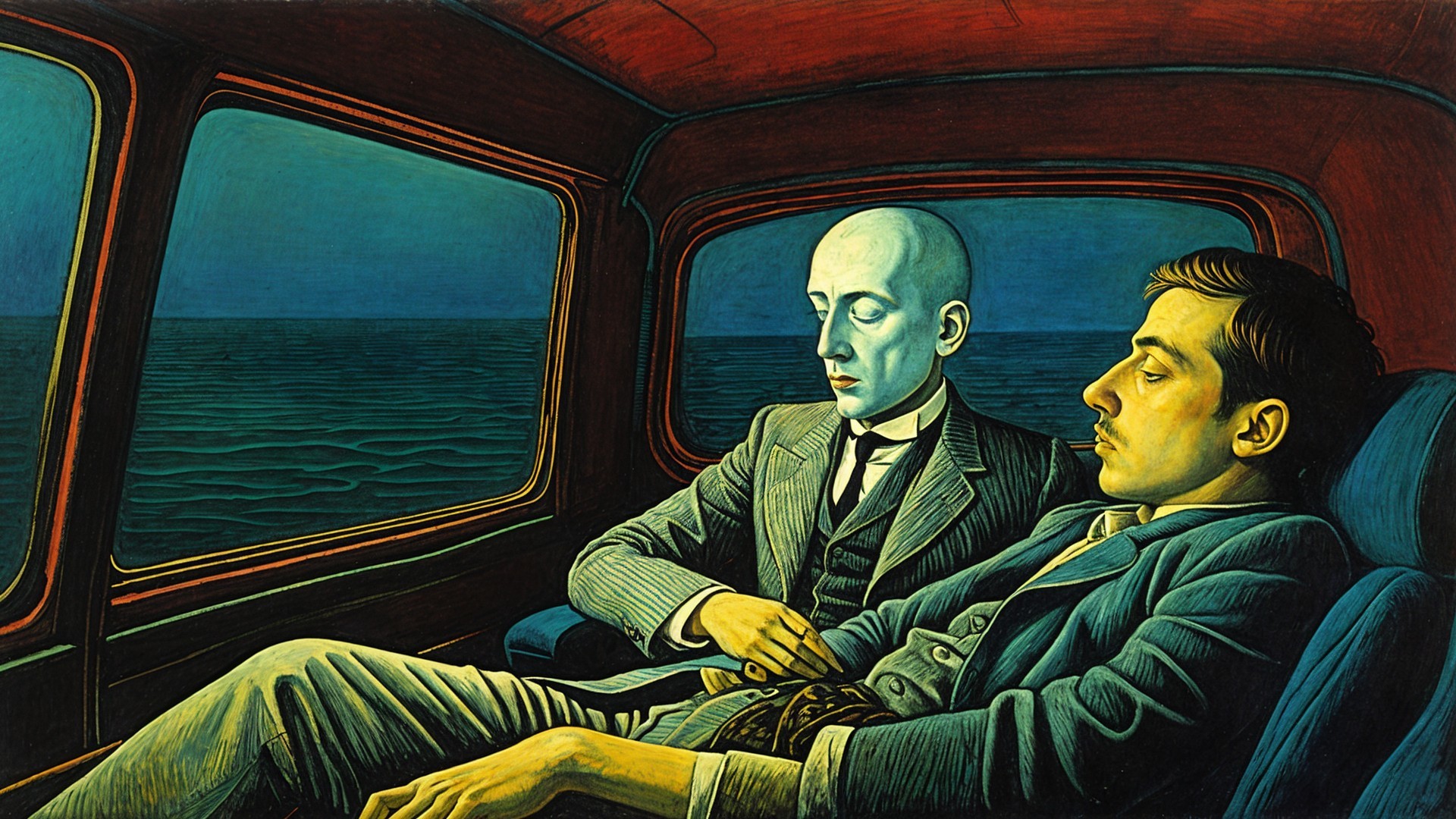 Men in an automobile overlooking a twilight ocean