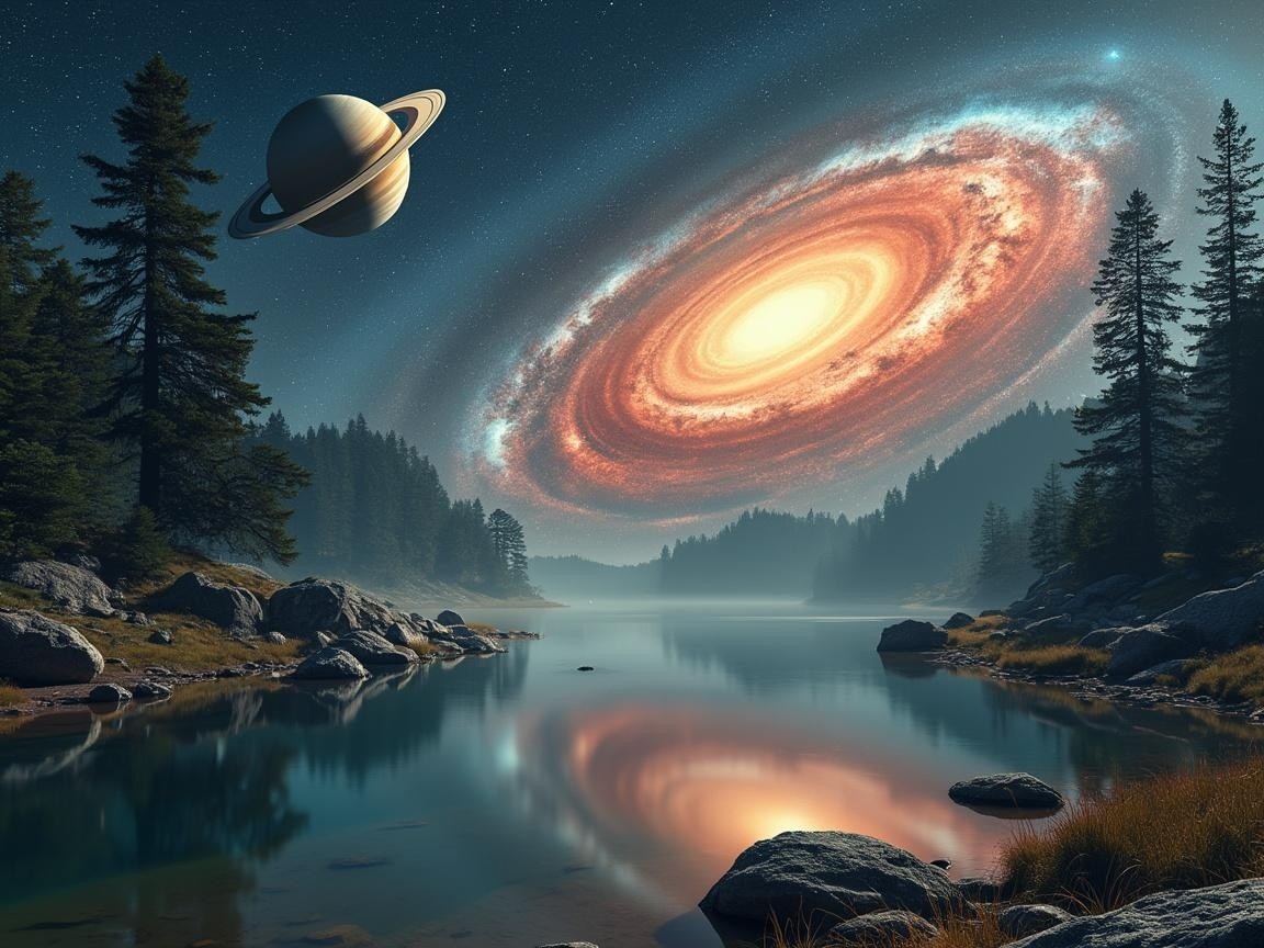 Serene Landscape with Lake and Starry Night Sky