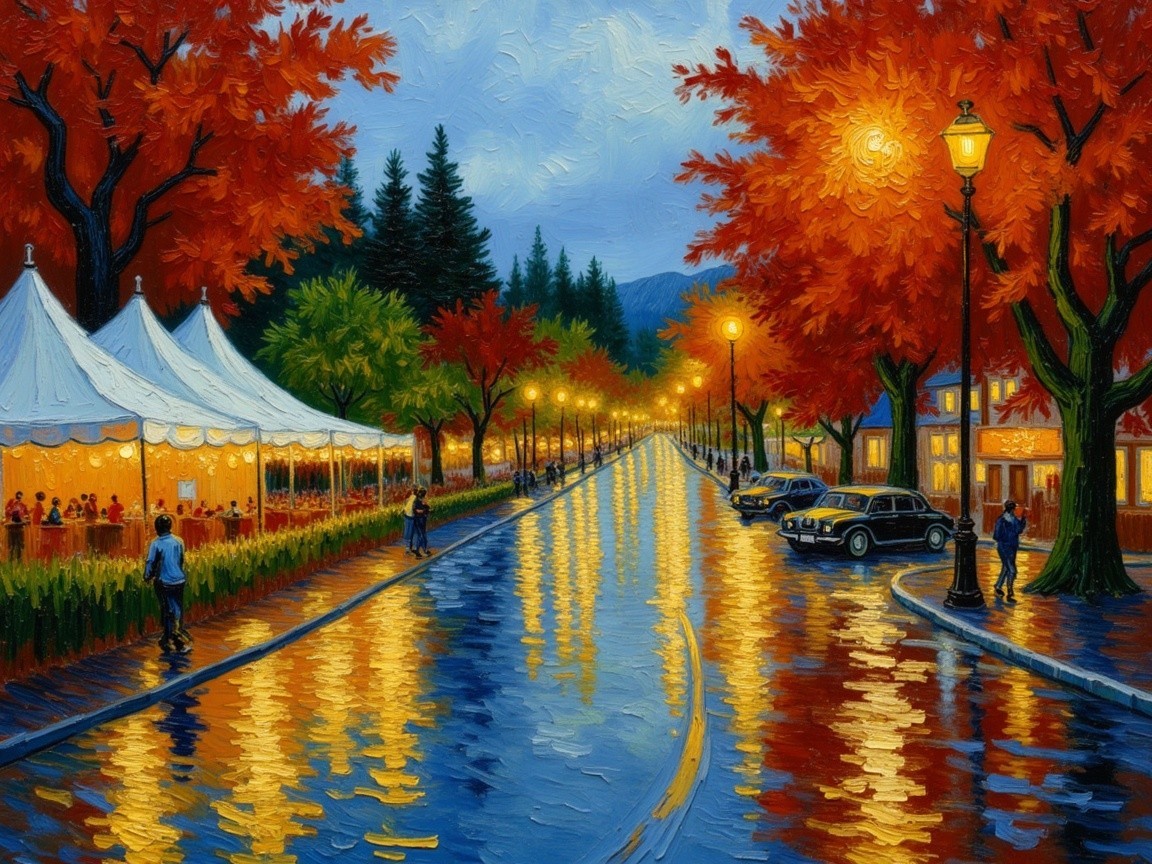 Vibrant Autumn Street Scene with Trees and Vintage Cars