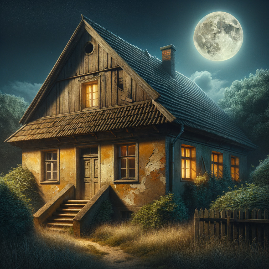Weathered Wooden House Under Full Moonlight