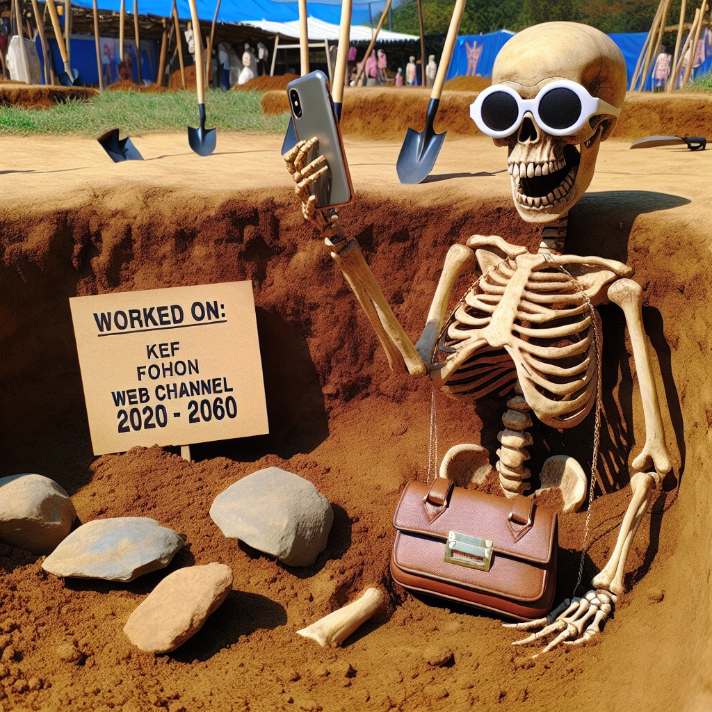 Skeleton in Sunglasses with Smartphone in Dug-Out Area