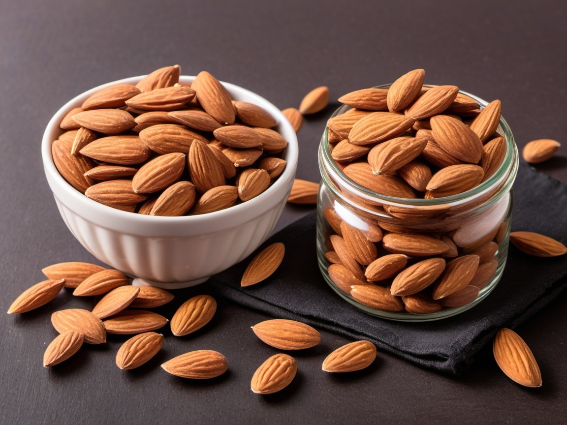Textured Surface Displaying Almonds in Bowl and Jar