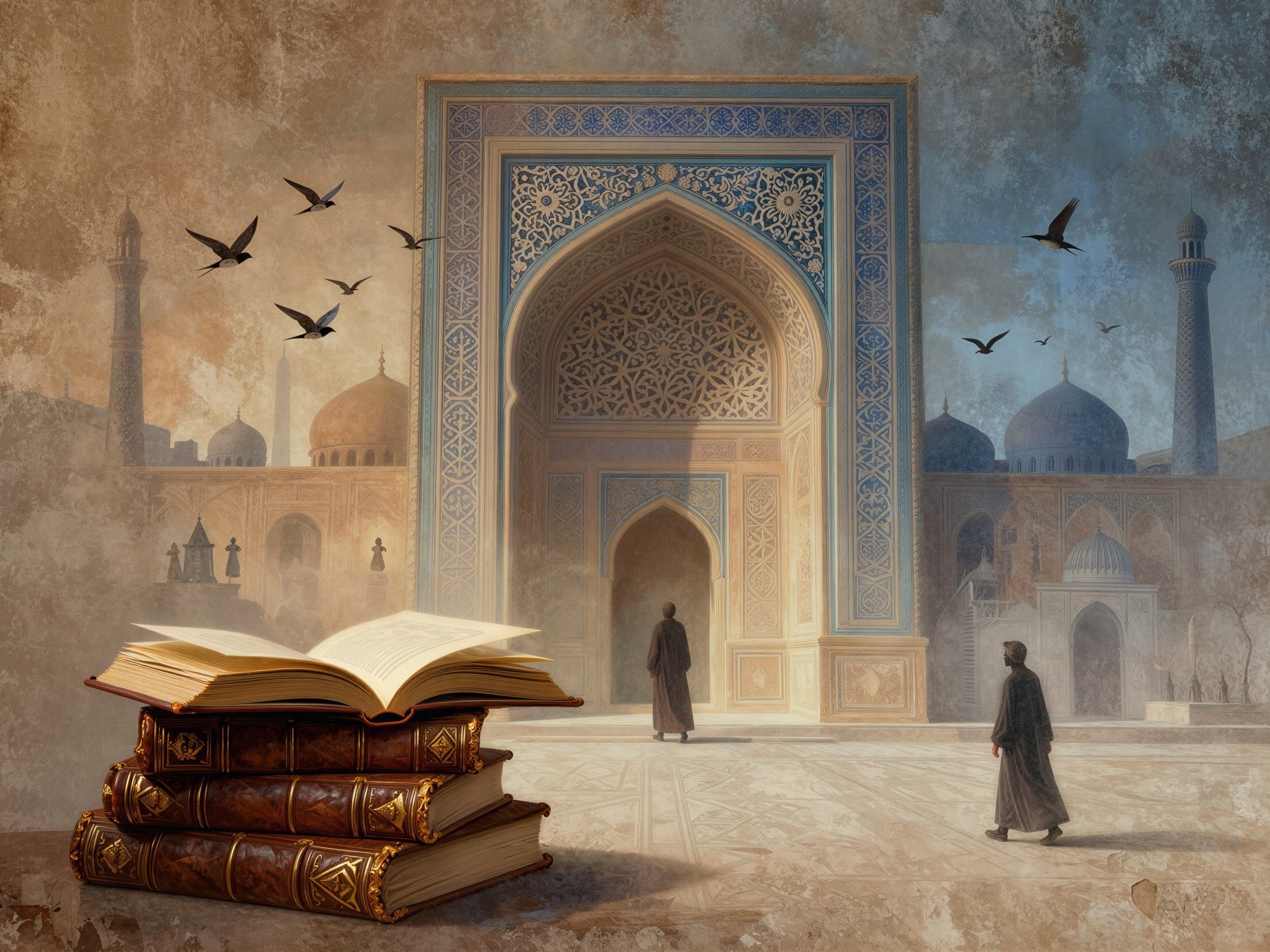 Textured Digital Painting of Men in Middle Eastern Courtyard