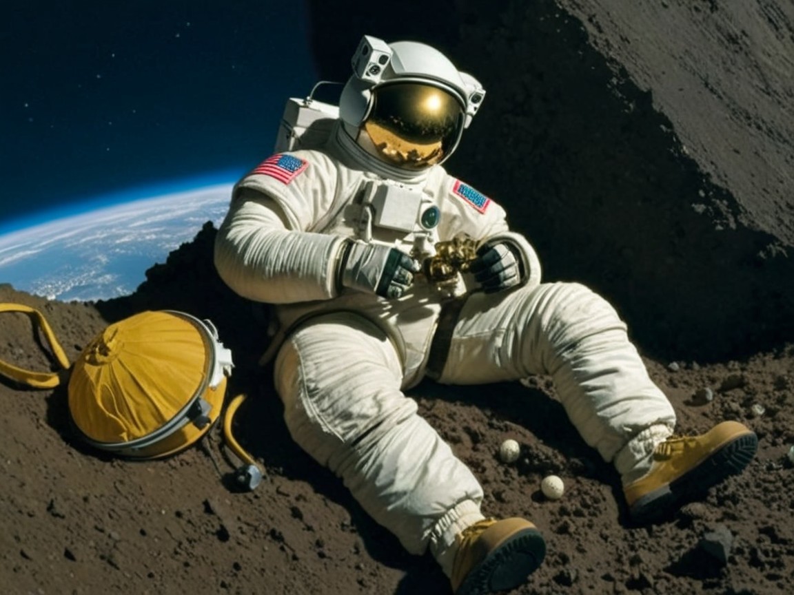 Astronaut on Moon-Like Surface with Earth in Background