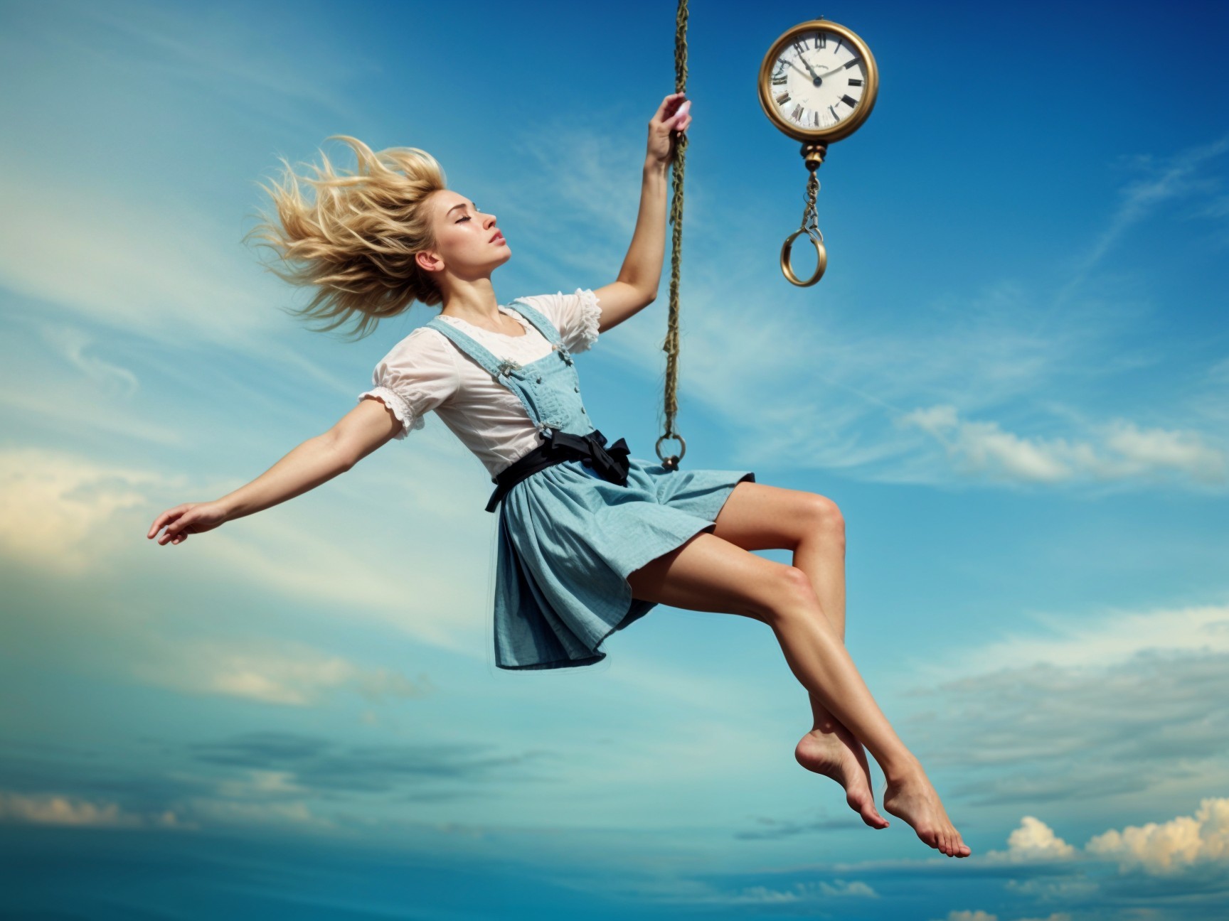 Young woman swinging with vintage clock in clear sky