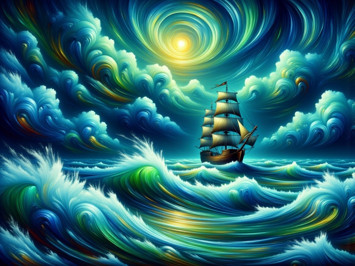 Majestic ship on vibrant waves under radiant sun