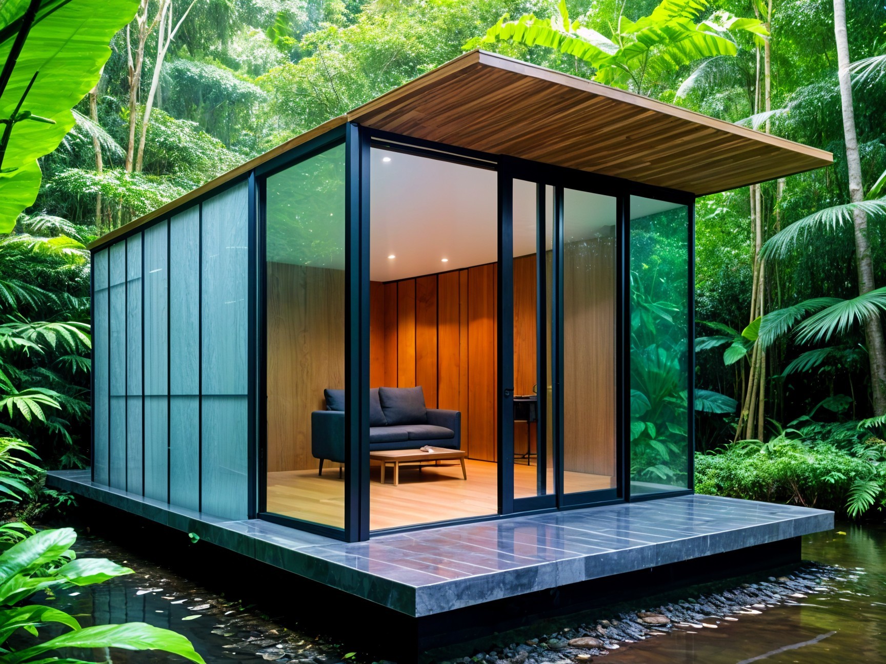 Modern Glass Cabin in Lush Jungle Setting