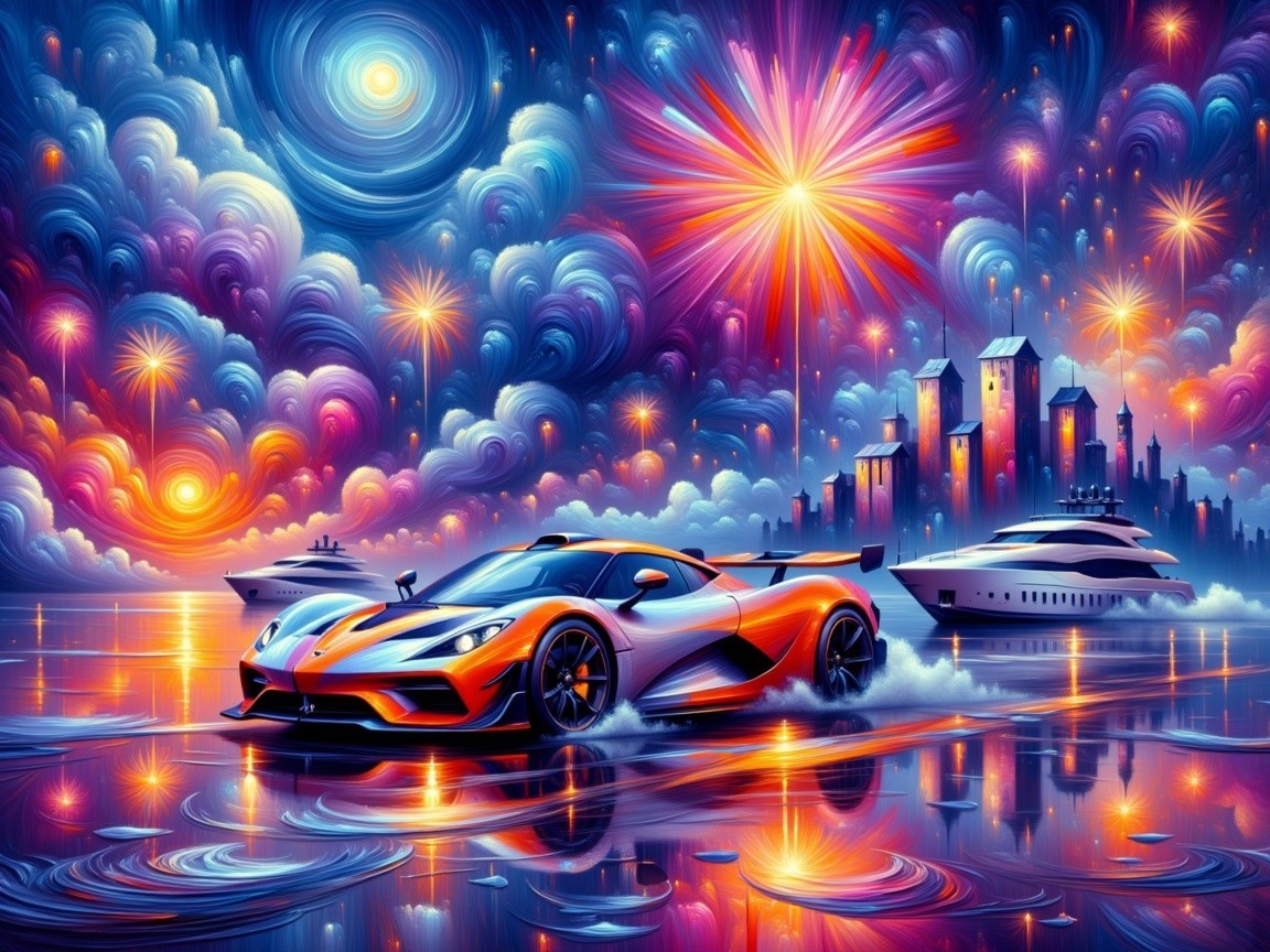 Vibrant Sports Car and City Skyline Fireworks Scene
