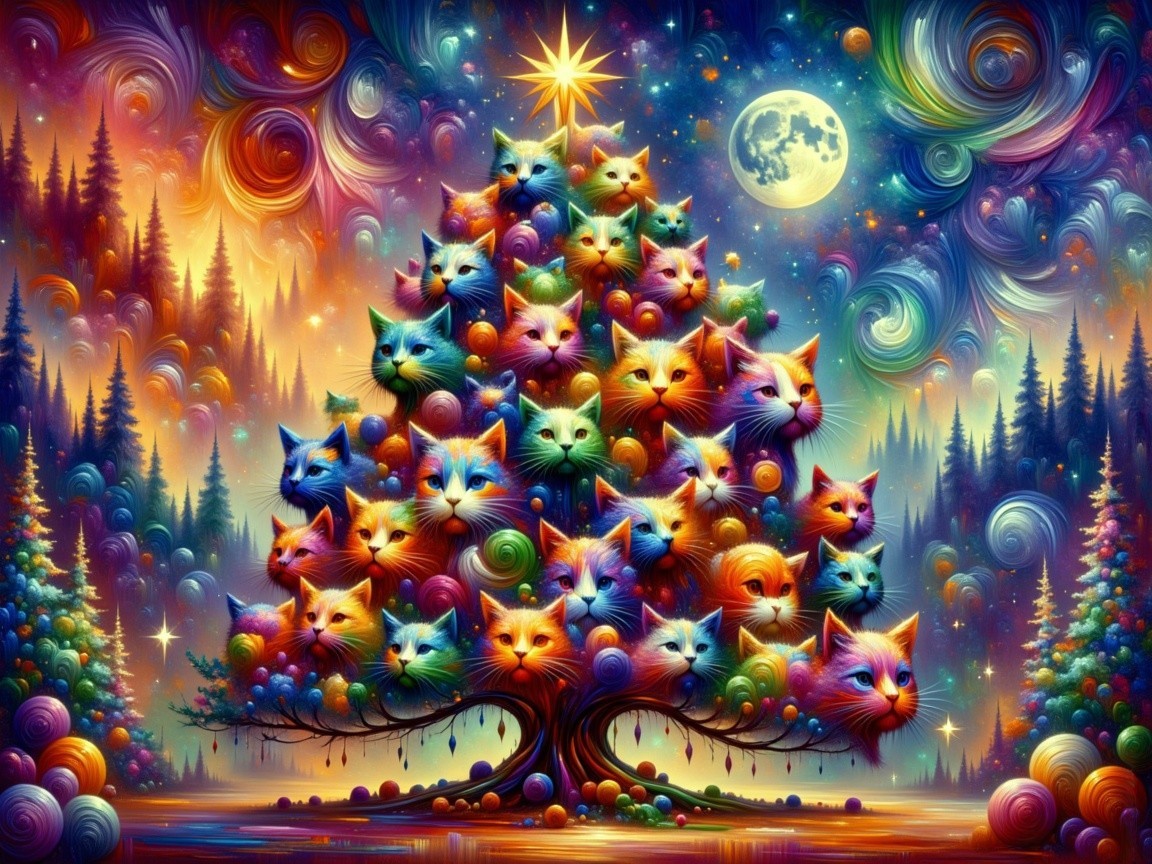 Colorful Cat Christmas Tree Illustration in Whimsical Style