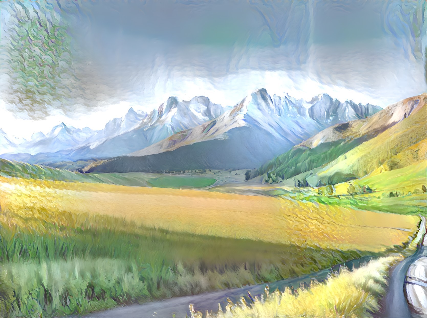 Vibrant Landscape with Rolling Hills and Mountains