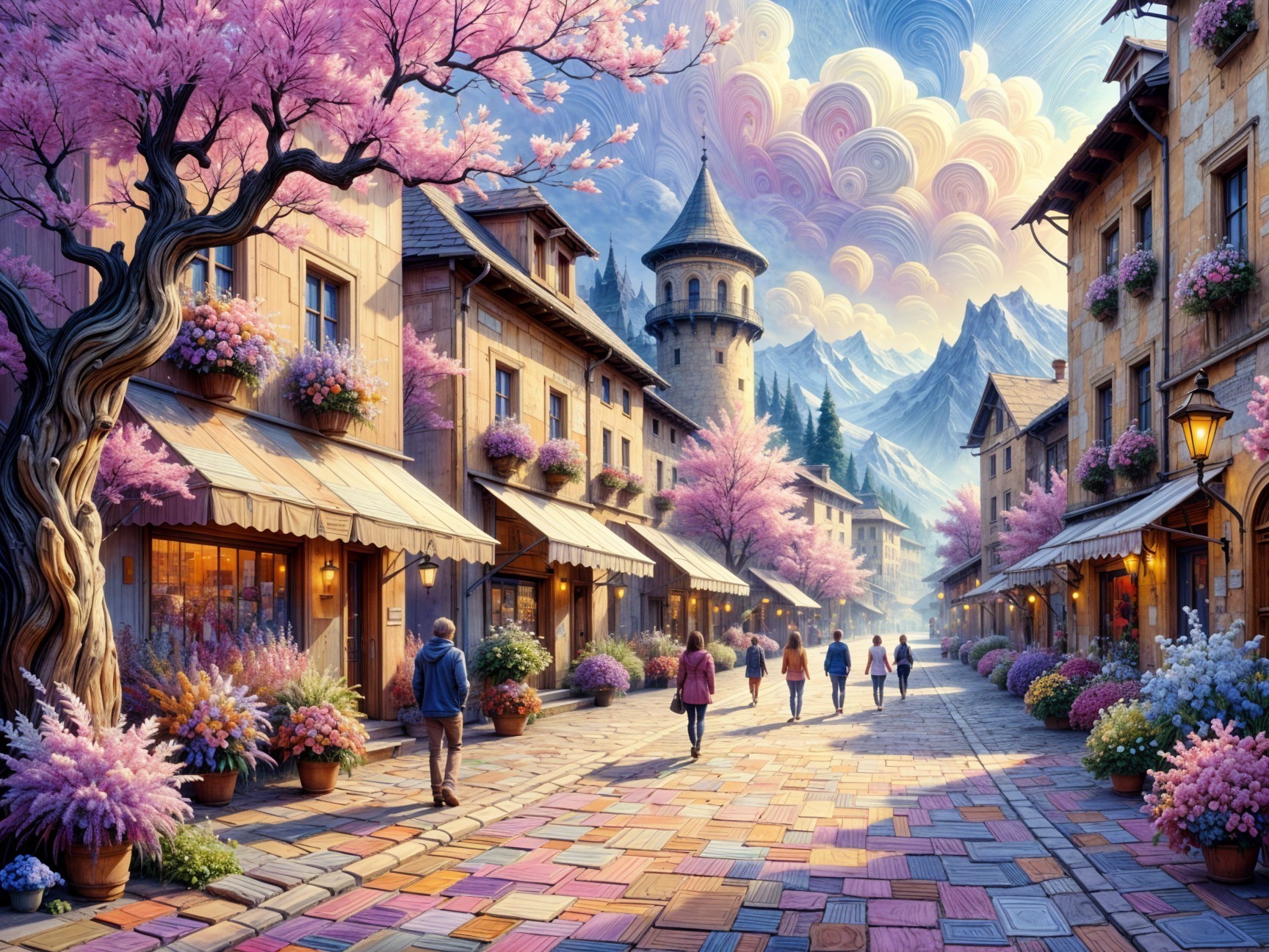 Charming Village Street with Blossoms and Mountains