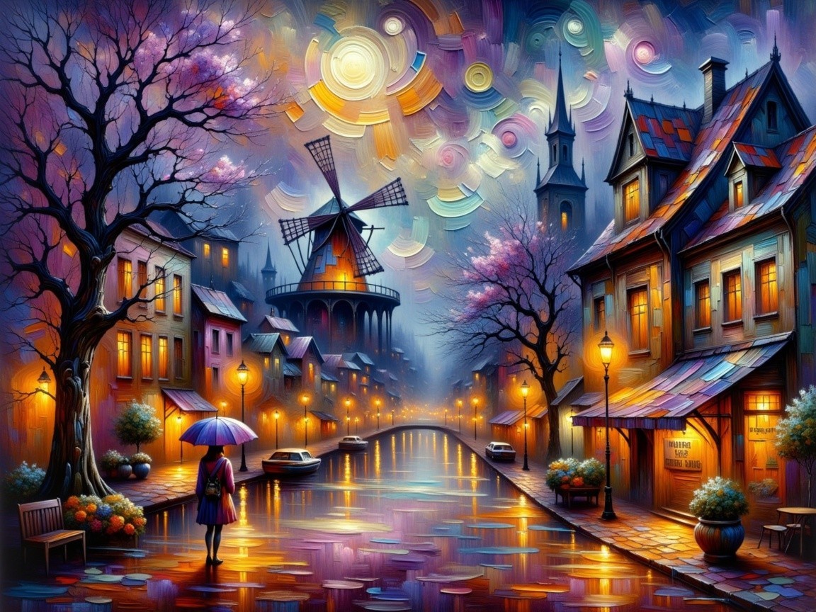 Dreamlike Village Scene at Dusk with Warm Lights