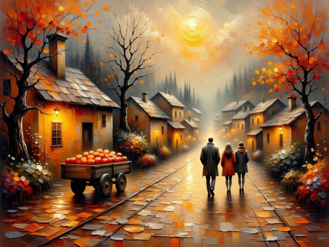 Autumn Landscape with Figures on Cobblestone Street