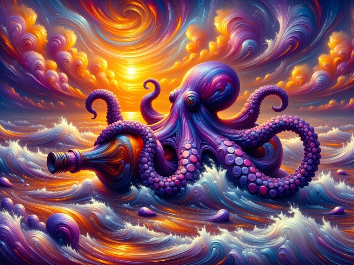 Surreal Octopus Emerges from Colorful Waves at Sunset