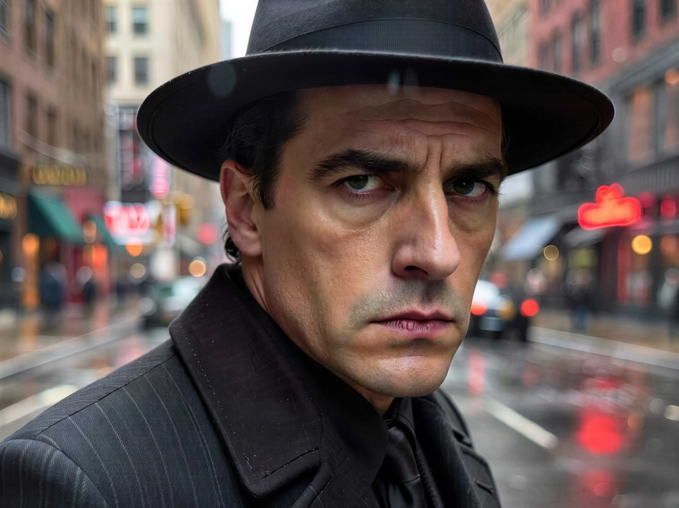 Close-up of a man in fedora and trench coat in city