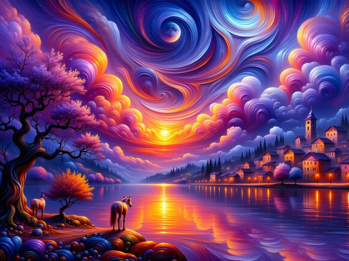 Vibrant sunset over a serene lake and village scene