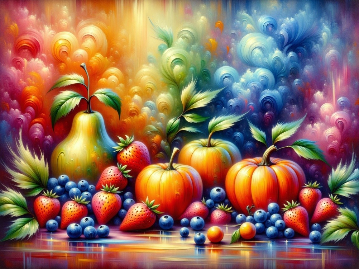 Colorful Still Life with Fruits and Pumpkins Arrangement
