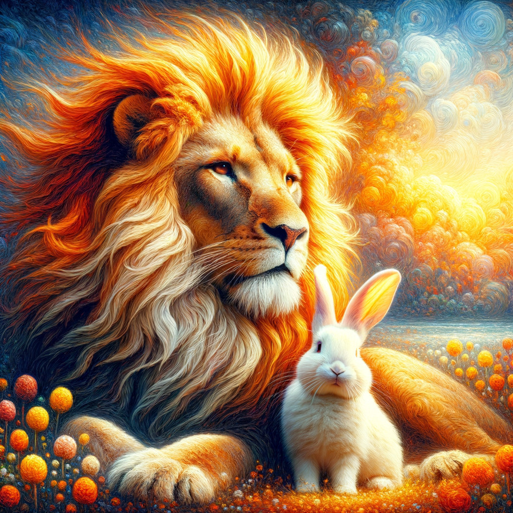 Surreal Landscape Featuring Lion and Rabbit Friendship