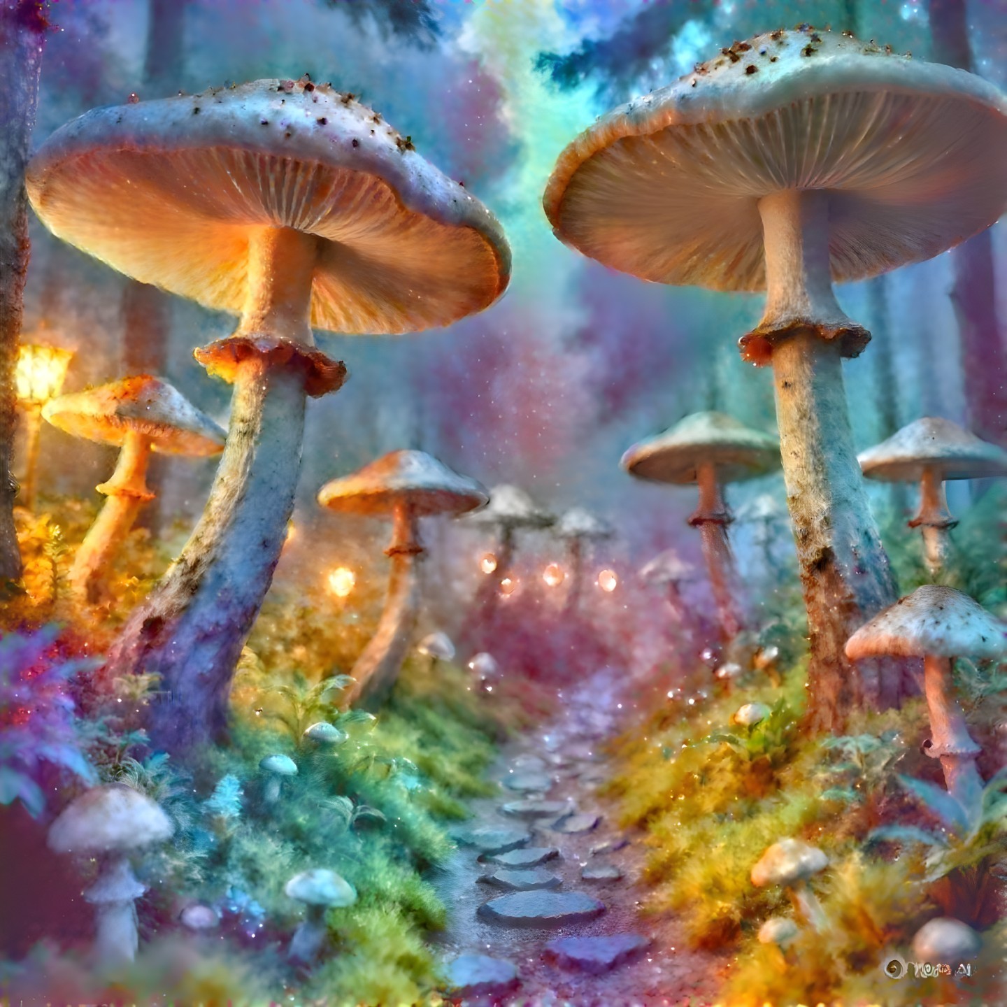 Whimsical Forest Path with Towering Mushrooms and Lights