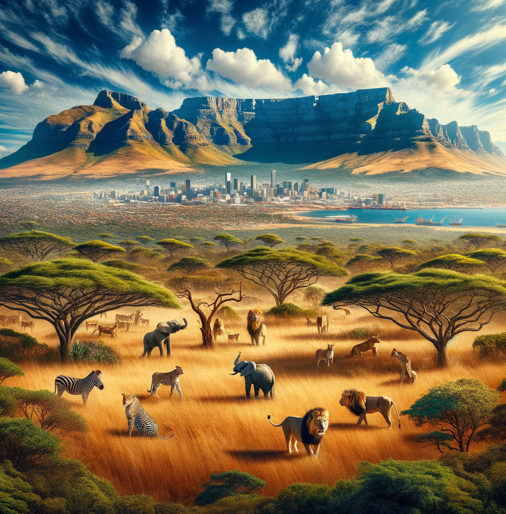 Savanna Wildlife with Table Mountain and Cityscape