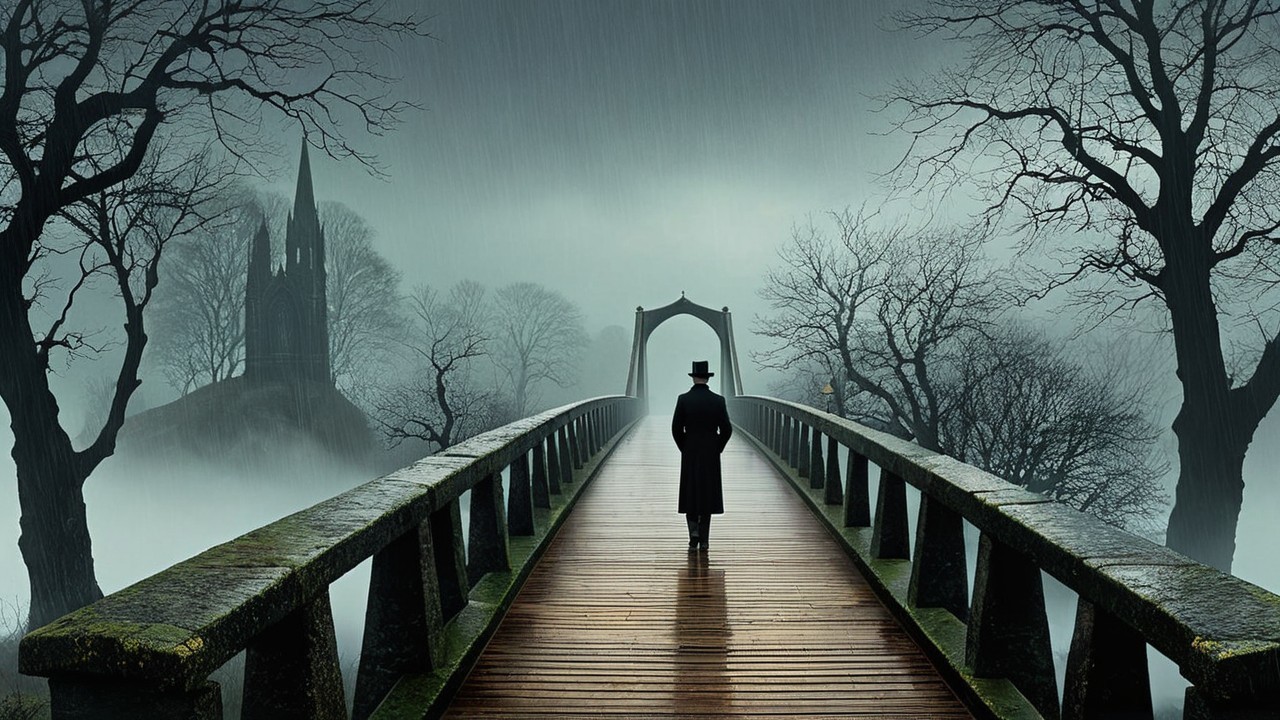 Misty Bridge Scene with Eerie Atmosphere and Rain