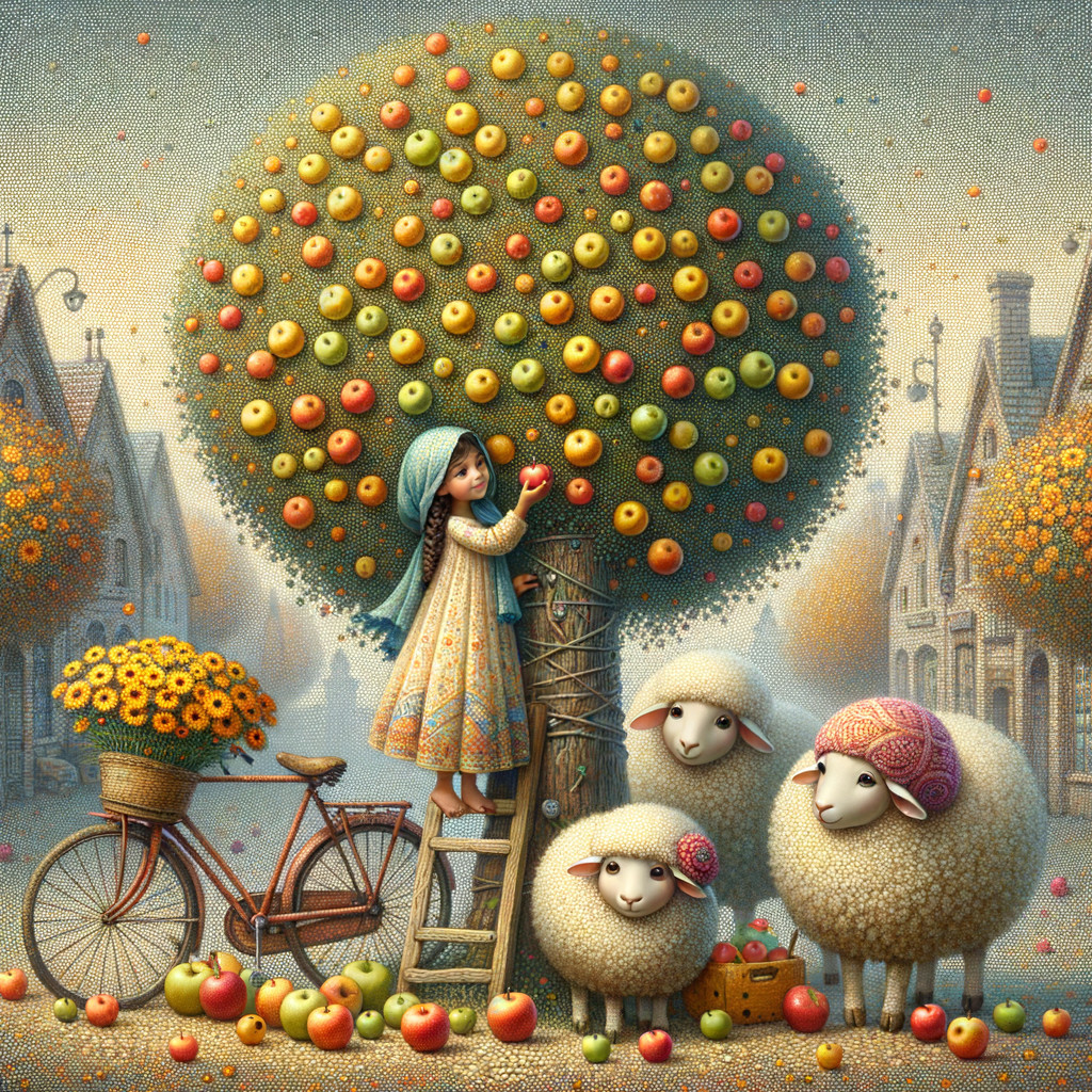 Village Scene with Girl, Apples, and Sheep