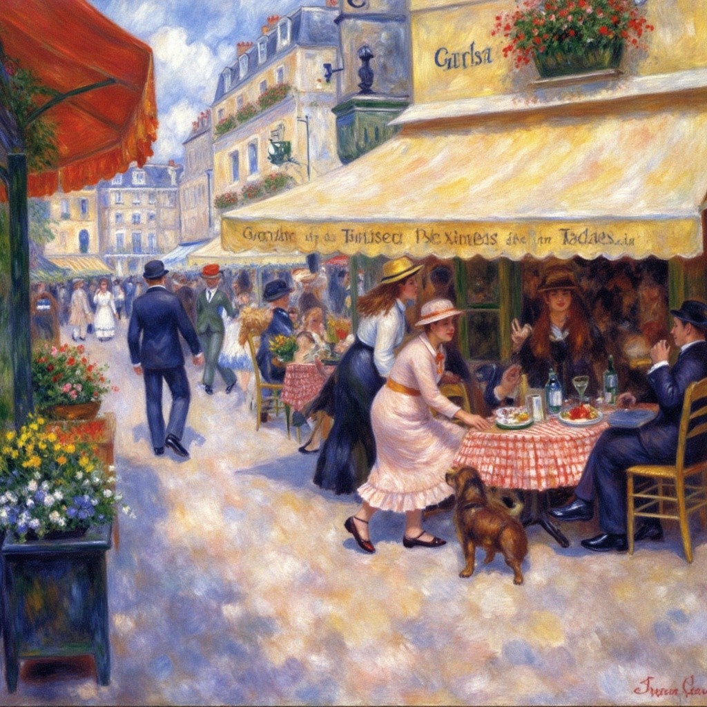 Outdoor Café Scene with Patrons and Colorful Awnings