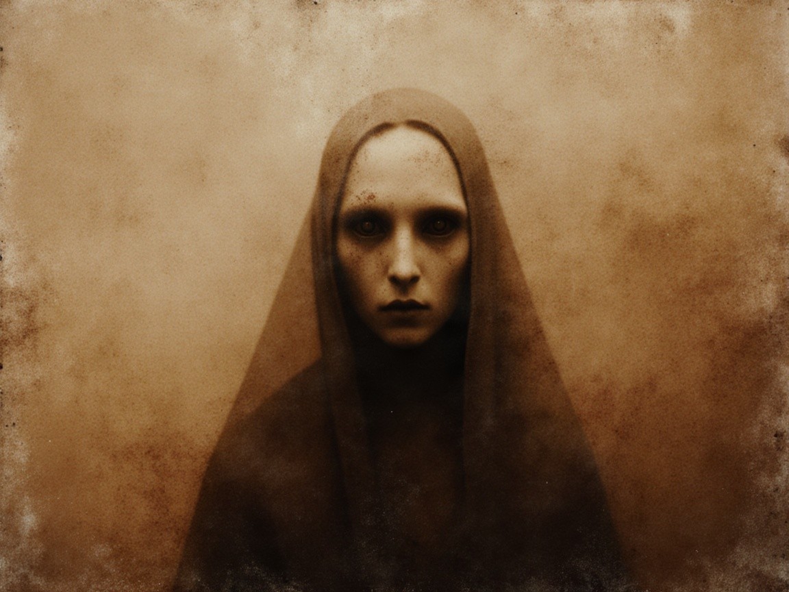 Haunting Portrait of a Veiled Figure in Dark Tones