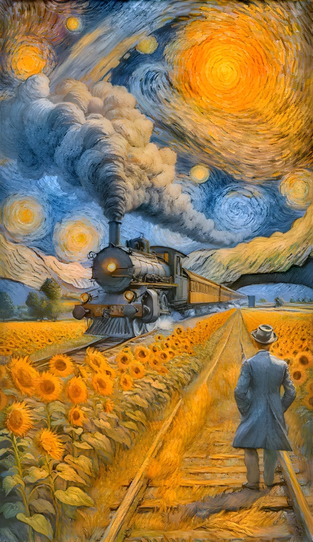 Vintage steam train on sunflower-lined track at night