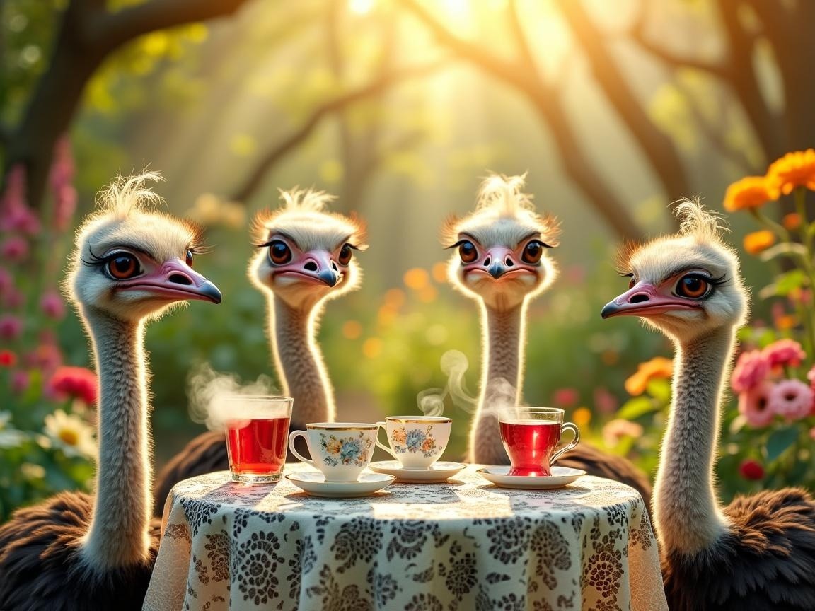 Whimsical Ostriches Enjoying Tea in a Flower Garden