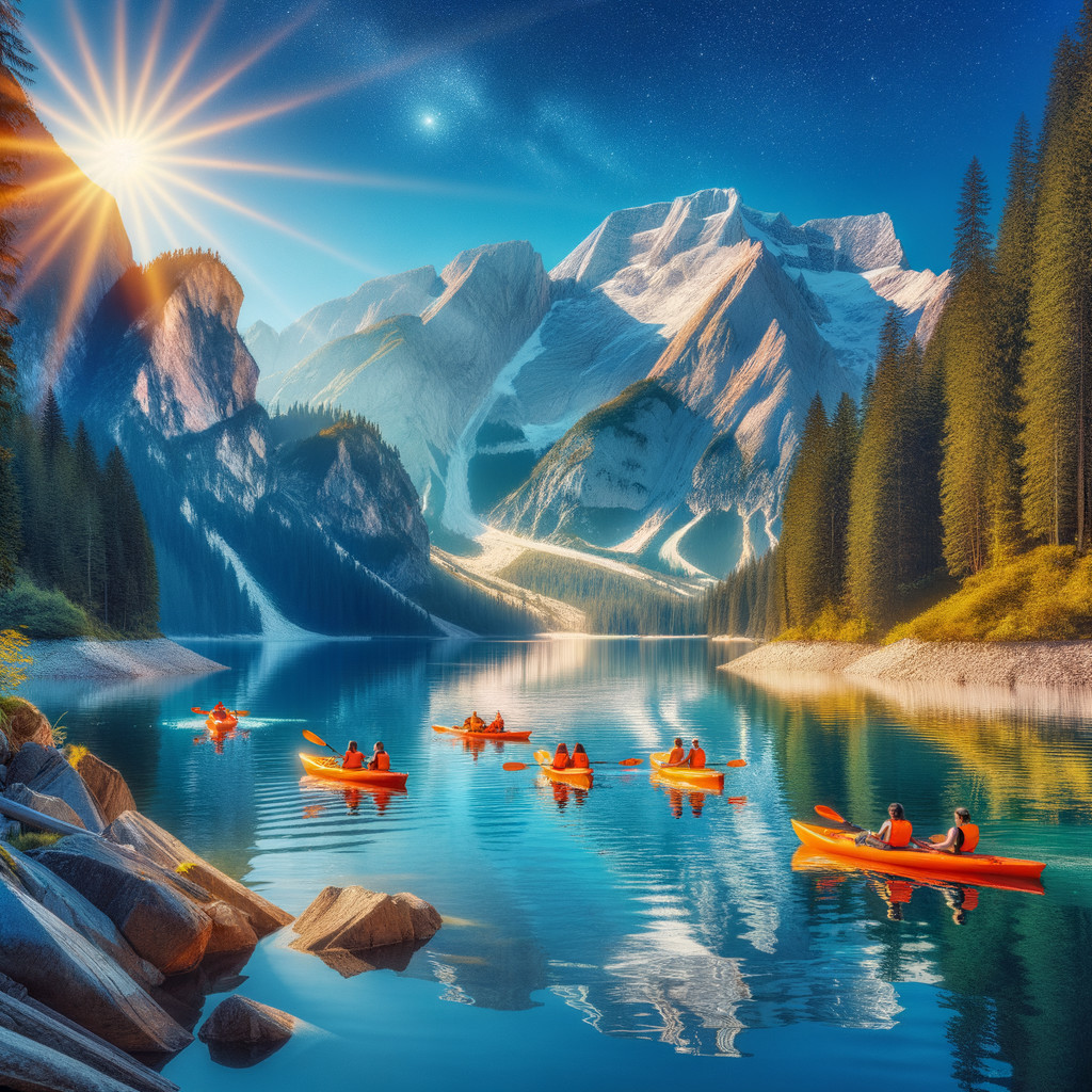 Serene Lake with Mountains and Kayakers at Sunrise