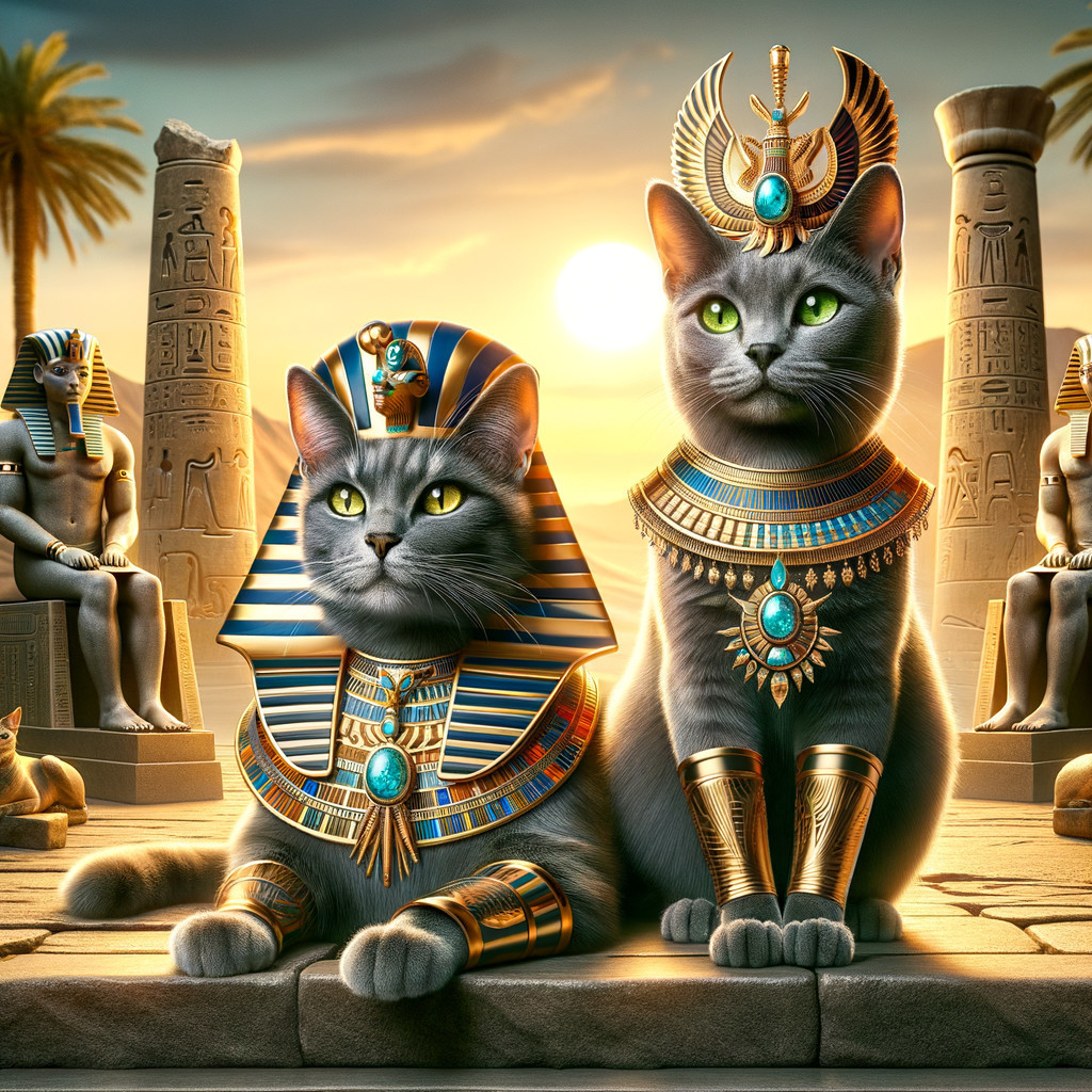 Gray Cats in Ancient Egyptian Setting with Statues